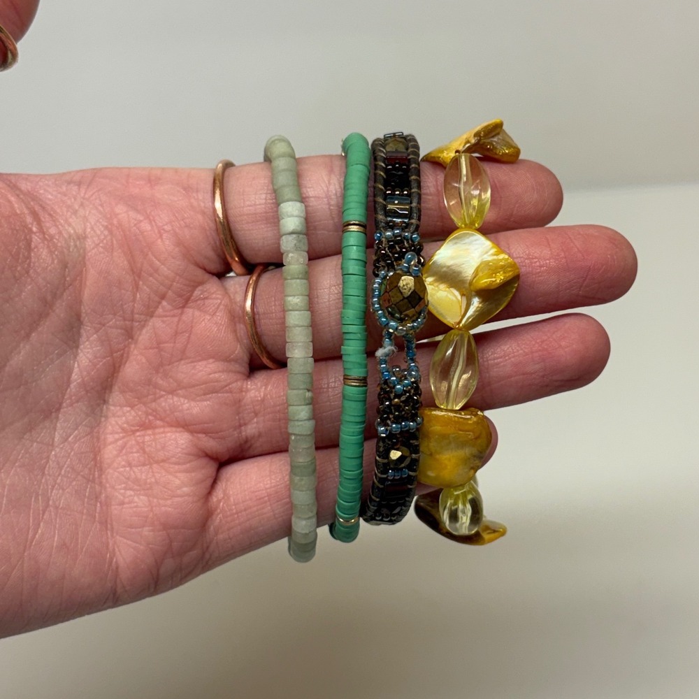 Bohemian Stackable Bracelet Set 4pc Green Heishi Yellow Shell Woven Cord